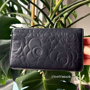 Chanel Vintage Camellia Embossed Black Bifold Wallet